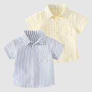 薄款男童短袖衬衫条纹夏季2023男宝纯棉，男孩夏装外套儿童衬衣