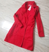 韩版新女春秋冬装大红色长袖暗扣中长款翻领西装毛呢大衣风衣外套