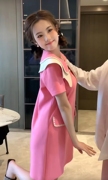2023粉色娃娃领连衣裙女夏季小个子遮肚子减龄显瘦休闲T恤裙