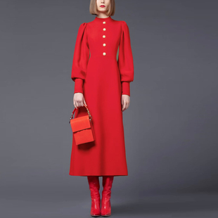 欧美时尚2023年秋季高级感修身红色中长裙优雅气质长袖连衣裙