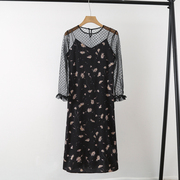 夏季韩版时尚甜美印花吊带裙，+波点网纱7分袖连衣裙套装12545