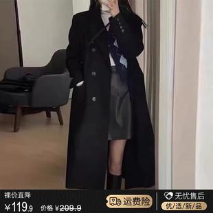 长款黑色呢子大衣女，秋冬高级感韩系，小个子赫本风西装毛呢外套