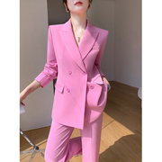 粉色休闲西装套装女夏季薄款高级感阔腿裤职业气质西服外套两件套