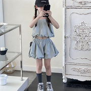 韩国童装24夏款女童灯笼吊带上衣，设计感蓬蓬短款花苞半身裙裤套装
