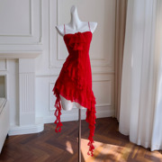 衣阁里拉夏季法式红色吊带礼服裙不规则下摆日常连衣裙 68046