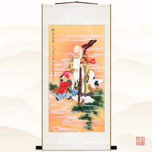 仙鹤寿仙图 寿星画像 中式w复古祝寿贺寿卷轴挂画 绢布装饰画