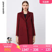 皮尔卡丹女红色中长款羊毛，大衣时尚简约毛呢外套p3454c3903c0
