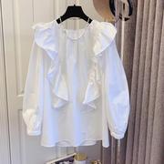 白色衬衫女长袖春秋2023年洋气小衫设计感小众荷叶边衬衣上衣