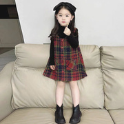 韩版童装2023女童秋冬格纹毛呢，背心裙子女，宝宝韩版可爱甜美连衣裙