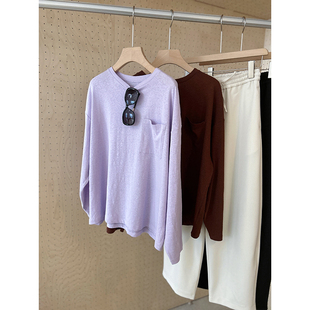 大篇幅宽松时髦口袋棉麻，基础百搭圆领长袖，t恤女装春夏紫色棕咖色