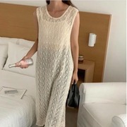 韩国chic夏季减龄针织背心连衣裙，设计镂空开叉，外搭叠穿罩衫中长款