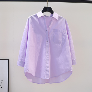 紫色棉衬衣女单口袋宽松长袖衬衫，2023春夏小清新百搭开衫防晒衣潮