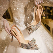 羊皮单鞋女2023年夏季百搭水钻蝴蝶结法式高跟鞋女细跟结婚鞋