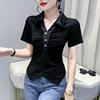 欧洲站polo领短袖女夏洋气不规则百搭t恤修身黑色半袖上衣潮