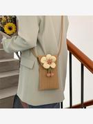 编织手机包女包(包女包)花朵，可爱单肩斜挎包2022时尚夏季洋气少女小包