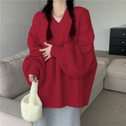 酒红色套头毛衣女2022年秋冬季韩版慵懒风宽松显瘦针织衫上衣