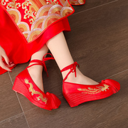龙凤坡跟秀禾鞋红色高跟婚鞋女绣花布鞋秀禾服婚鞋中式内增高鞋子