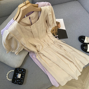 日系休闲风紫色连衣裙圆领短袖简约气质中长裙时尚时尚休闲洋气