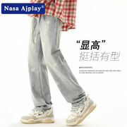 NASA牛仔裤男夏季薄款星星印花休闲裤男士美式高街宽松直筒裤子时