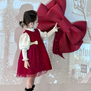 女童红色连衣裙2023冬装宝宝加绒背心，裙儿童洋气公主裙新年装