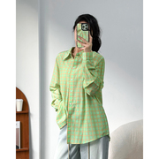 时尚减龄丝棉格子衬衣2024春日款绿色清新长袖polo领衬衫上衣