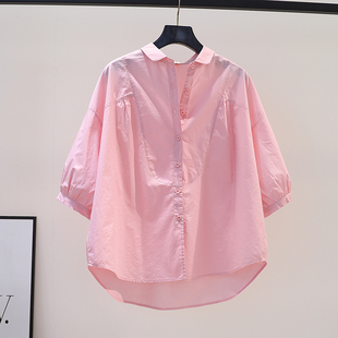 设计感褶皱粉红色棉衬衫女宽松7分袖衬衣2023夏季文艺范百搭上衣