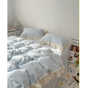INS公主风蓝色牛奶绒保暖床上四件套冬季珊瑚绒加厚被套床单三件4