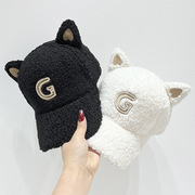 韩版羊羔毛绒刺绣g字母棒球帽子女，冬天加厚保暖猫耳朵鸭舌帽
