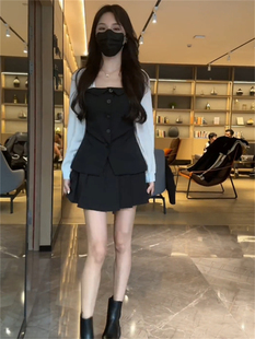 韩版收腰秋季拼色百褶裙套装女法式方领长袖上衣+气质高腰半身裙