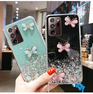 Samsung s21 ultra s22 butterfly case cover+lanyard适用三星A12手机壳闪粉A52 s23plus CASING A70 A33 5G