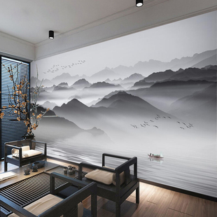 新中式黑白水墨山水电视，背景墙壁纸无缝壁画意境客厅沙发影视墙布