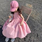 女童连衣裙2023夏韩版儿童无袖，纯色公主裙小女孩设计感棉布度假裙