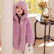 冬儿童皮草外套全羊毛复合皮毛，一体女童羊剪绒，大衣宝宝羊羔毛连帽
