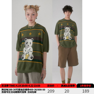 物理少年「熊猫机」针织，纱线拼接透气短袖，军绿色复古印花条纹t恤