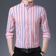 2024粉色条纹衬衫男长袖，青年商务休闲职业装，修身免烫格纹衬衣