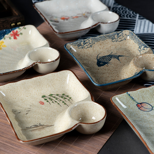 日式复古陶瓷手绘饺子盘带醋碟蘸料碟家用餐厅，方形水饺海鲜摆盘