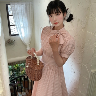 honeyrubao恋恋笔记本粉色条纹封腰泡泡袖高腰长款连衣裙