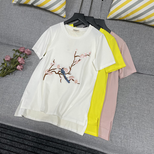白色短袖t恤女刺绣2021款宽松大版荧光，黄圆领(黄圆领，)打底衫纯棉粉色上衣