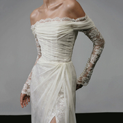 法式一字肩长袖蕾丝轻婚纱新娘高级感小众森系出门纱超仙白色礼服
