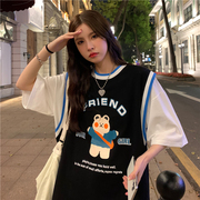 假两件短袖t恤女纯棉春夏季2023韩版设计感卡通卫衣宽松上衣蓝球T