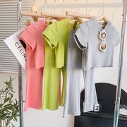 儿童休闲短袖套装夏季韩版女童纯色圆领T恤＋九分裤两件套潮