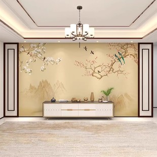 新中式电视背景墙壁纸现代简约山水，装饰客厅花鸟壁画墙纸影视墙布