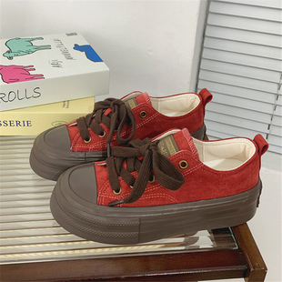 2024春秋美式复古红色小众原创设计红鞋女款鞋子女鞋厚底板鞋