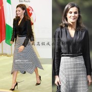 高端定制西班牙王妃同款黑色重磅真丝缎衬衣+灰色格纹半身裙套装