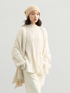 白色羊驼毛羊毛慵懒风设计感高领毛衣软糯系小个子外套开衫女