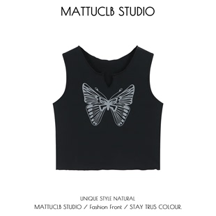 MATTUCLB丨黑色蝴蝶背心T恤女无袖修身波浪边美式复古小短款上衣