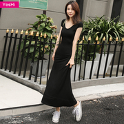 2022夏季女装韩版v领短袖修身显瘦连衣裙，莫代尔黑色拖地长裙