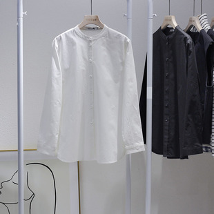原创设计黑白色休闲立领衬衫女款单排扣长袖洋气，小衫百搭上衣大码