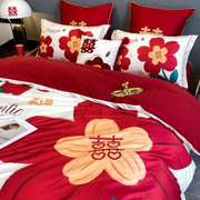 婚庆冰丝四件套红色被套床单亲肤棉被罩床笠印花水洗棉婚床上