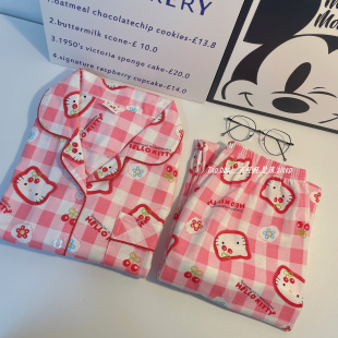 可爱hellokitty凯蒂猫睡衣女春秋格子纯棉少女甜美家居服长袖套装